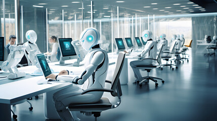 Futuristic Corporate Office: Where A.I. Meets High-End Digital Workstations Against Cityscape