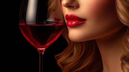 Sensual depiction of a woman's profile and a glass of red wine on a black background.