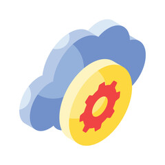 Gear with cloud showing concept isometric icon of cloud setting, cloud management