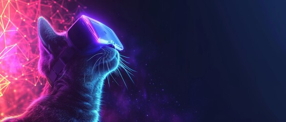 Techno cat in neon VR wonderland. Cat wearing VR glasses against a vibrant neon backdrop