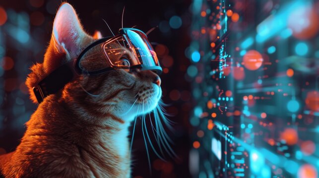 Cat Immersed in virtual data space. Cat in VR goggles, digital world - Powered by Adobe