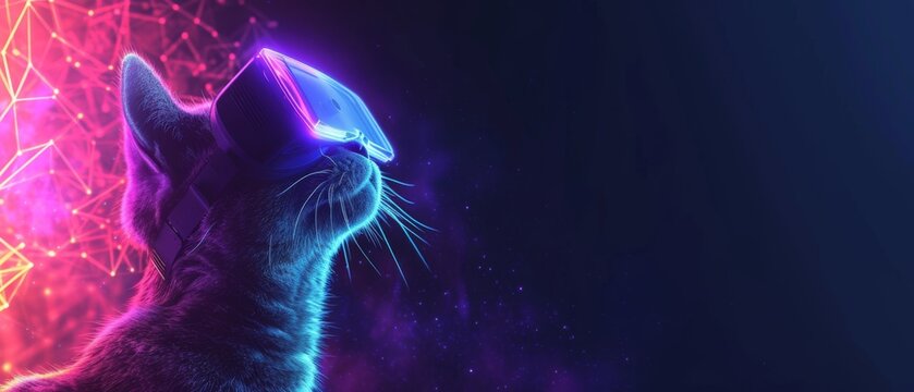 Techno cat in neon VR wonderland. Cat wearing VR glasses against a vibrant neon backdrop