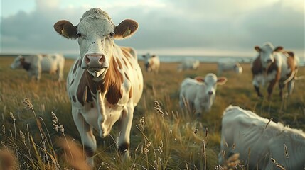 A long distance shot of a cow family walking on the field. Generative AI.