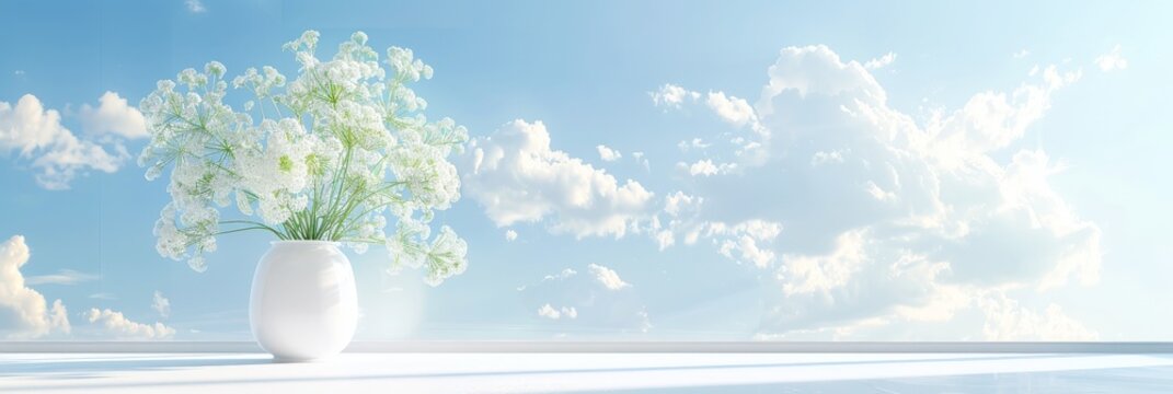 White Flowers Vase on Table, Light Wall Background, Early Morning, Blue Skies and White Clouds