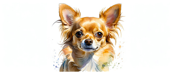 Portrait of a brown long haired Chihuahua. Isolated on a white background. Animal illustration in watercolor style.