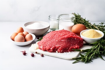 Minced Meat, Onions, Eggs on White Table, Ground Fresh Meat Fillet, Uncooked Red Mincemeat, Raw Veal