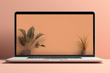 A blank computer screen background, Open Laptop on Table, Desktop Landing Page Minimalist Mockup