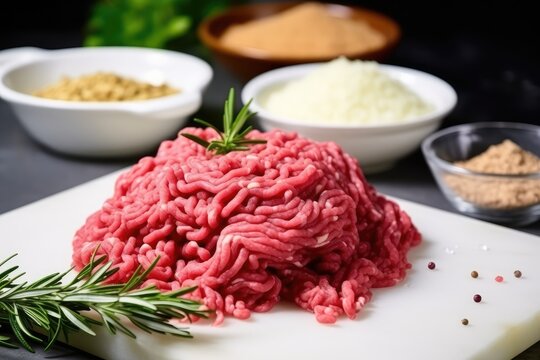 Minced Meat, Onions, Eggs on White Table, Ground Fresh Meat Fillet, Uncooked Red Mincemeat, Raw Veal