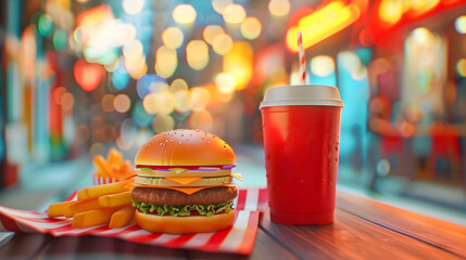 Iconic Fast Food Meal Burger Fries and Soda - obrazy, fototapety, plakaty