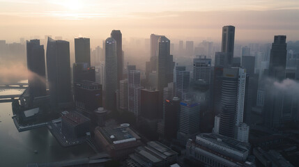 Sunrise in a current, modern, contemporary urban city metropolis, with a smog, fog and haze covering the city due to air pollution. Hazy early morning. Aerial drone shot, birds eye view