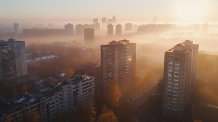 Sunrise in a current, modern, contemporary urban city metropolis, with a thick smog, fog and haze...