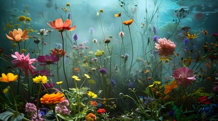 Fototapeta na wymiar Colorful Underwater Scene with Tranquil Flower Gardens