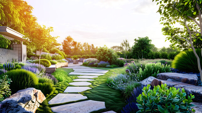 3D Rendering of a Beautiful Garden Design with Pathway