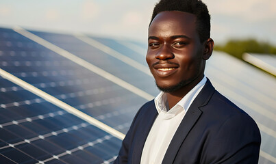 Portrait of young black African businessman and sustainable business entrepreneur staring at the camera with solar farm and solar panels in background. Isolated shot with bokeh, sunny, bright, outside - obrazy, fototapety, plakaty