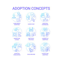 Adoption blue gradient concept icons. Legal process steps. Becoming parents. How to adopt child. Parental right transfer. Icon pack. Vector images. Round shape illustrations. Abstract idea