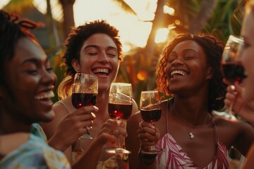 Group of happy African women toasting with red wine glasses at sunset, outdoors with palm trees - obrazy, fototapety, plakaty