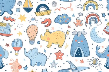 Doodle seamless pattern baby set with cartoon elements. illustration design thin line doodle cartoon style for design on paper, fabric, invitations, other. Generative Ai