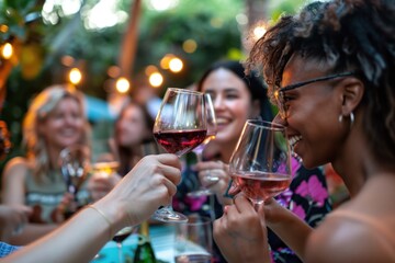 Diverse Female Friends Enjoying Wine at Social Event with Festive Lights Background