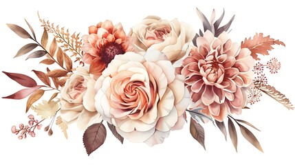 Dusty pink and ivory beige rose, pale hydrangea, peony flower, fern, dahlia, ranunculus, protea, fall leaf bunch of flowers. Floral pastel watercolor style wedding bouquet. Isolated. Generative Ai