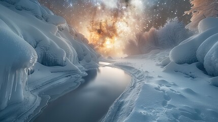 The milky way is seen from a frozen river with snow covers. Generative AI.