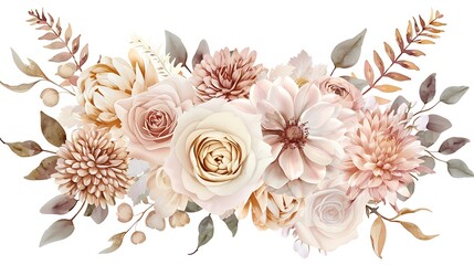 Dusty pink and ivory beige rose, pale hydrangea, peony flower, fern, dahlia, ranunculus, protea, fall leaf bunch of flowers. Floral pastel watercolor style wedding bouquet. Isolated. Generative Ai