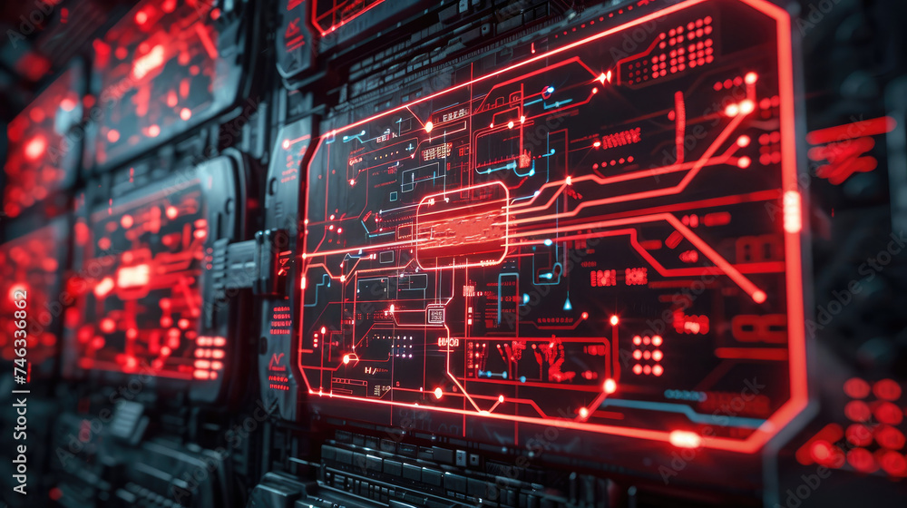 Fototapete Hi-tech control computer panel screen, red neon connections coming from the screen in multiple sides. Generative AI.
