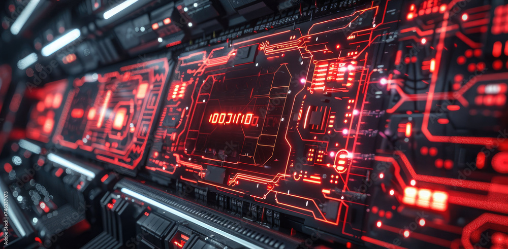 Leinwandbilder hi-tech control computer panel screen, red neon connections coming from the screen in multiple sides