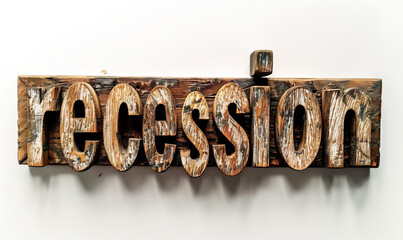 Top-down birds eye view close-up macro shot of "Recession" text writing on wooden block in modern font isolated against a corporate white background. Slight shadow, clipping path