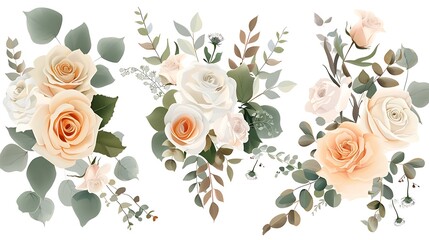 Dusty pink blush, white and creamy rose flowers design wedding bouquets. Eucalyptus, greenery. Floral pastel watercolor style. Blooming spring floral card. Elements are isolated. Generative Ai