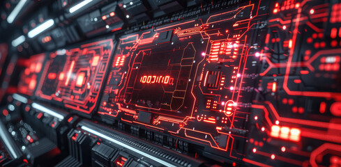 Hi-tech control computer panel screen, red neon connections coming from the screen in multiple sides. Generative AI.