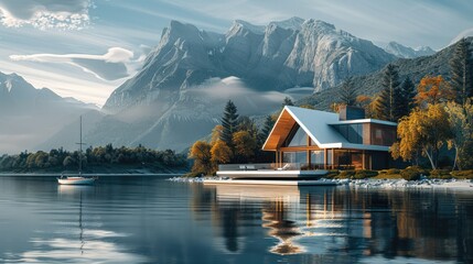Fototapeta premium Modern house at the lake with sailing boat overlooking lake, woods mountains in background. Generative AI.