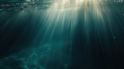 Ocean underwater scene with crepuscular rays, god rays, penetrating the surface of the water and light filtering down into the blue, nature background, texture, template