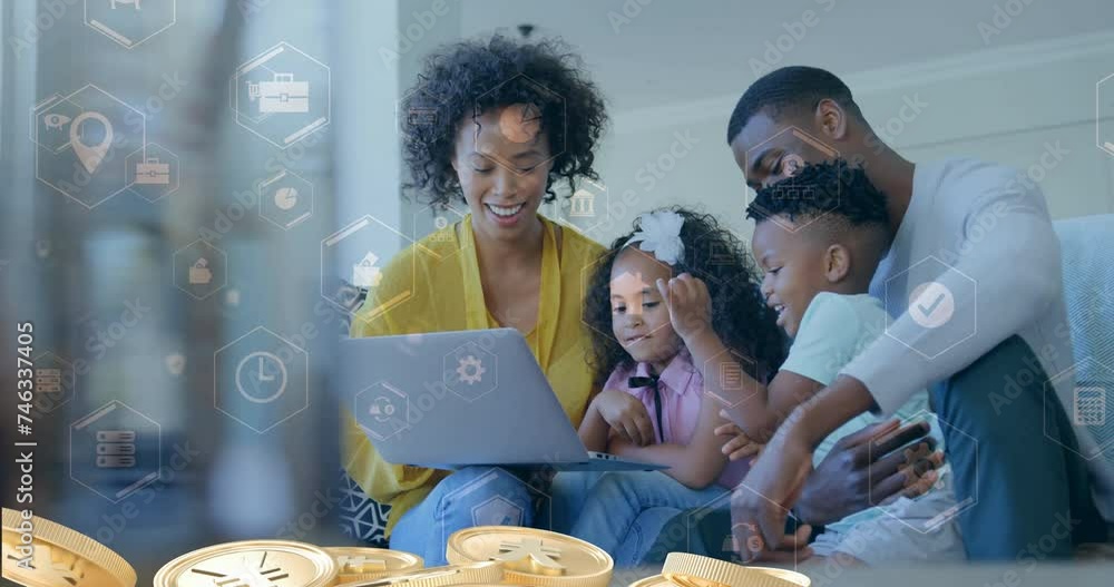 Canvas Prints Animation of digital icons and data over diverse family using laptop