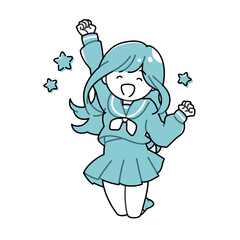 片腕を上げて飛び跳ねるセーラー服の女の子