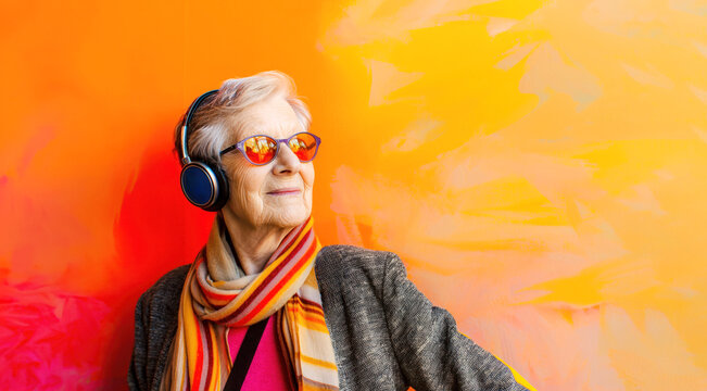 Portrait of modern senior caucasian woman listening to music or podcast in sunglasses and wireless headphones on a yellow wall background with copy space