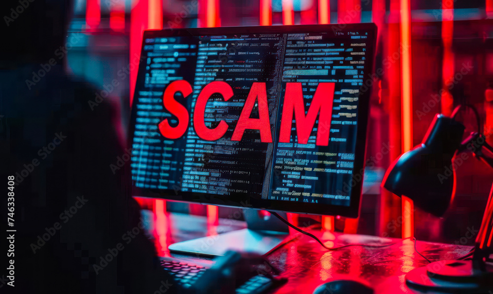 Poster cybersecurity threat concept with the word scam in bold red letters on a computer screen, signifying