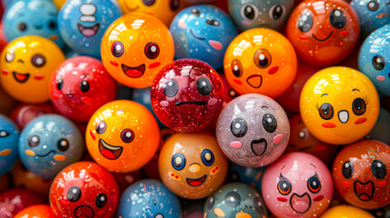 Colorful, expressive emoticon balls with various facial expressions piled up, creating a vibrant, playful atmosphere of emotions and digital communication