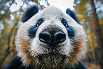 Panda Close up Portrait, Fun Animal Looking into Camera, Panda Nose, Wide Angle Lens