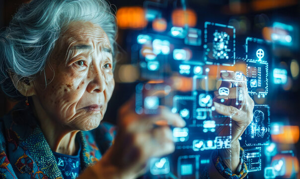 Elderly Asian woman engaging with futuristic technology, surrounded by floating digital icons, representing the intersection of age and modernity