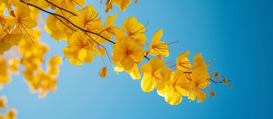 Beautiful branch of tree blooming with vibrant yellow flowers in springtime nature scene