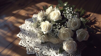 A delicate bouquet of white roses and baby's breath rests atop an ornate lace doily, symbolizing purity and love eternal on this special day of union.
