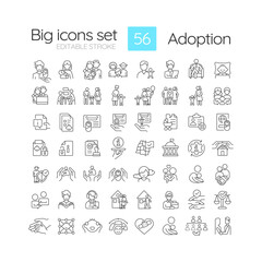 Adoption process linear icons set. Child custody. Legal process of becoming parents. Happy family. Customizable thin line symbols. Isolated vector outline illustrations. Editable stroke