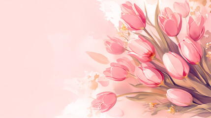 Beautiful rose tulips over light pink background. Artistic template for Easter, Mothers day, Women's day.