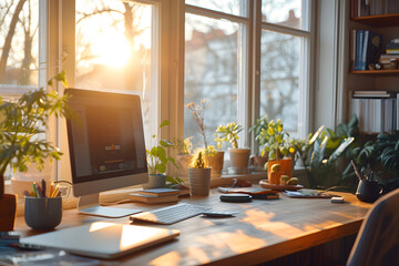 Productive Home Office Desk Arrangement in Morning Sunlight