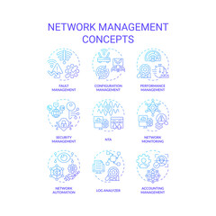 Network management blue gradient concept icons. System architecture, performance monitoring. Network automation, log analyzer. Icon pack. Vector images. Round shape illustrations. Abstract idea