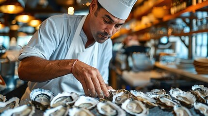 Chef with a white hat shucking oysters at a seafood bar. Generative AI. - obrazy, fototapety, plakaty