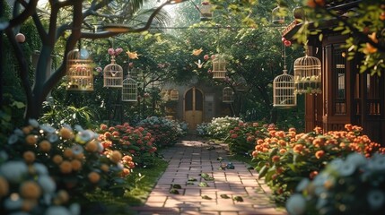 The garden of a retirement community is surrounded by beautiful flowers and plants. There are many trees with various birdcages hanging on the trees. Generative AI. - obrazy, fototapety, plakaty