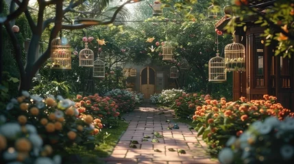 Store enrouleur tamisant Chocolat brun The garden of a retirement community is surrounded by beautiful flowers and plants. There are many trees with various birdcages hanging on the trees. Generative AI.