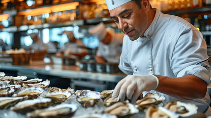 Chef with a white hat shucking oysters at a seafood bar. Generative AI.