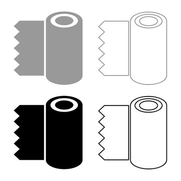 Roll paper towel disposable wrap wallpaper fabric tissue office equipment set icon grey black color vector illustration image solid fill outline contour line thin flat style